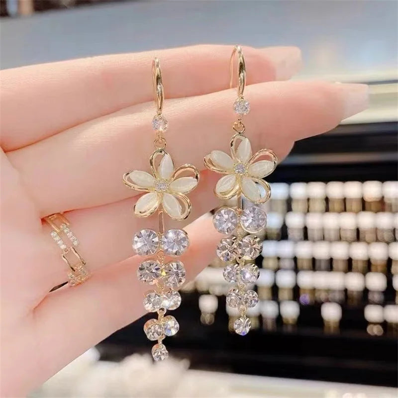 Luxury Crystal Flower Tassel Drop Earrings for Women Shiny Zircon Opal Long Dangle Earrings Girls Party Wedding Jewelry Gift