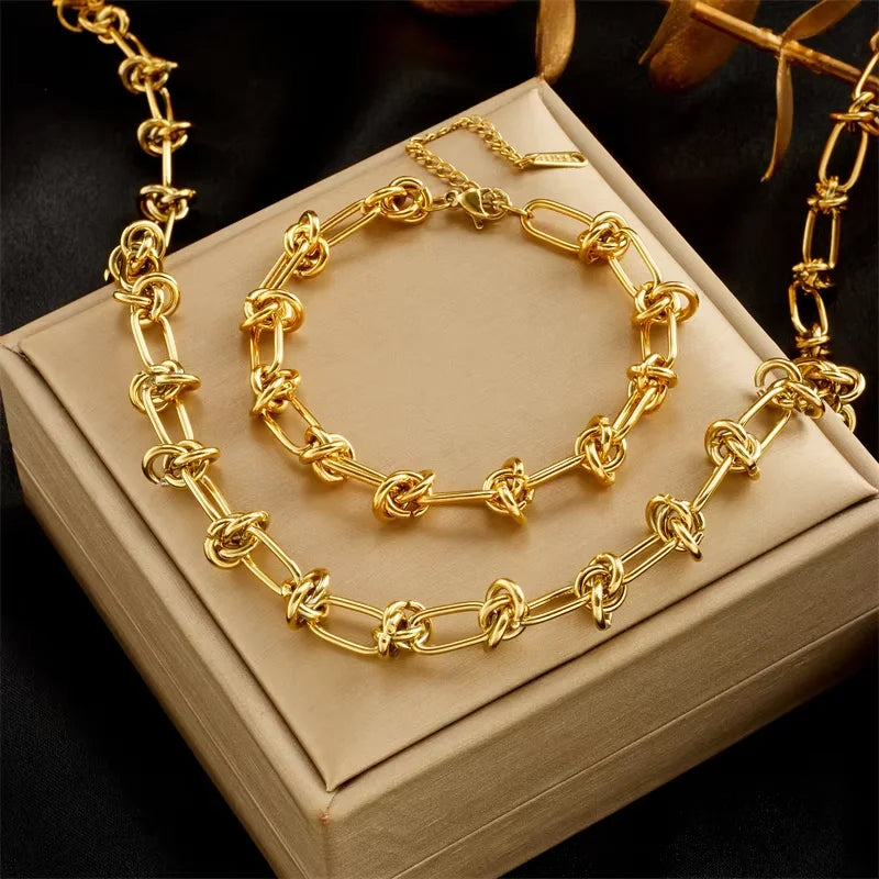 DIEYURO 316L Stainless Steel Gold Silver Color Twist Knot Necklace Bracelets For Women Girl New Fashion Non-fading Jewelry Set