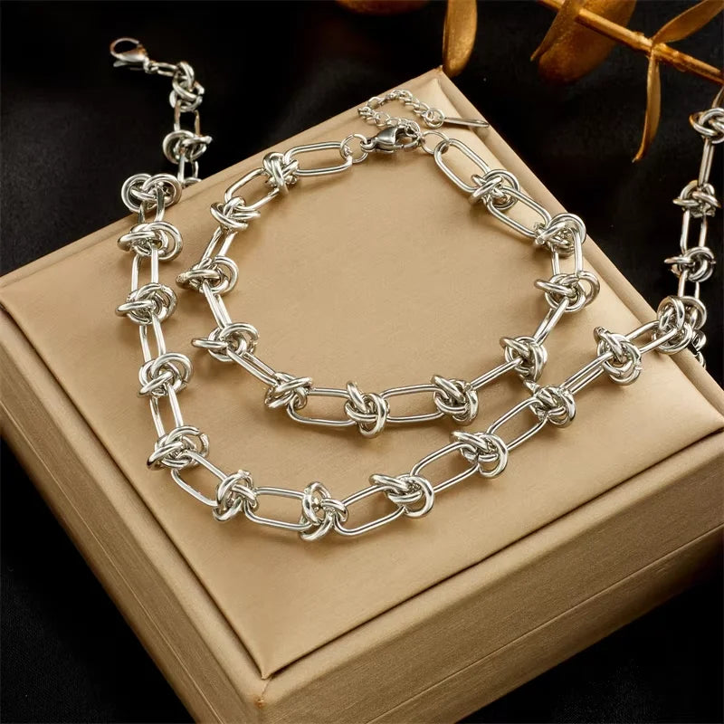 DIEYURO 316L Stainless Steel Gold Silver Color Twist Knot Necklace Bracelets For Women Girl New Fashion Non-fading Jewelry Set